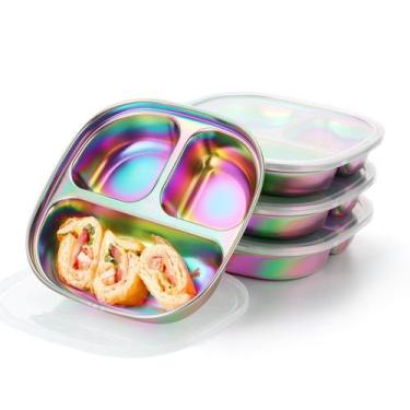 Imagem de Conjunto de 4 Pratos Infantis de Aço Inoxidável AIEVE com Tampas