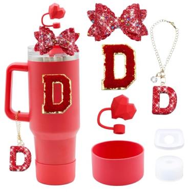 Imagem de Liangang Conjunto de acessórios de copo Stanley vermelho 7 peças para copo Stanley Cup 850.5 g 1,134.0 g copo com alça, incluindo tampa de cobertura de palha de coração, pingente de letra, laço