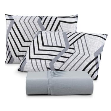 Imagem de Jogo de Lençol Casal Com Elástico Malha 100% Algodão 03 Pçs Estampado (Cinza Geométrico)