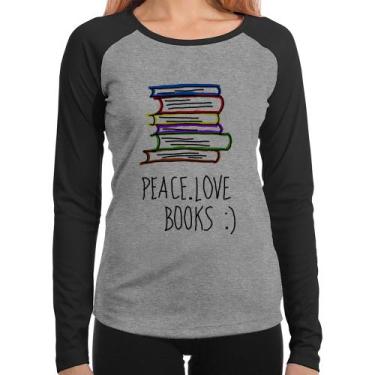 Imagem de Baby Look Raglan Peace Love Books Manga Longa - Foca na Moda, Cinza, P