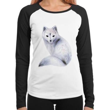 Imagem de Baby Look Raglan Raposa Arte Manga Longa - Foca na Moda, Branco, Preto