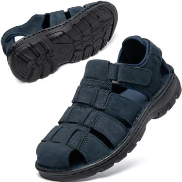 Imagem de KOIMED Sandálias masculinas de couro para caminhada, bico fechado, sapatos aquáticos para o verão, atlético, caminhada, esportes, trilha, pesca, rio, pesca, largo, ajustável, à prova d'água, suporte