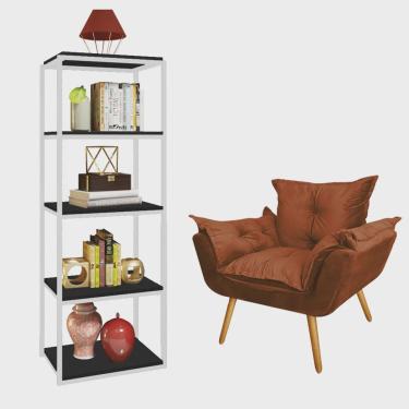 Imagem de Kit Poltrona Fatte com Estante Livreiro Ferro Branco mdf Preto Suede Terracota - Ahazzo Móveis