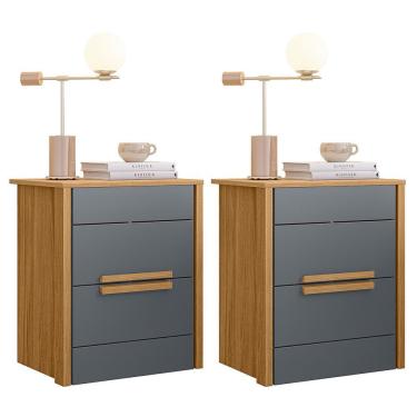 Imagem de Kit 2 Mesas de Cabeceira Dhara 2 Gavetas - Moval Freijó/Cinza