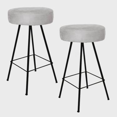 Imagem de Kit 02 Banqueta Alta Laisa Industrial Redonda Cozinha Bar Balcão Bistrô Ferro Preto Suede Cinza - Ahz Móveis