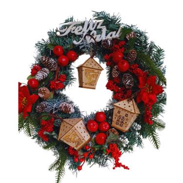 Imagem de Guirlanda Natalina Luxo Lampiões Com Luz Led Pinhas Cerejas Placa Feliz Natal 60cm