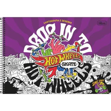 Imagem de Caderno De Desenho Hot Wheels Skate Tilibra Capa Dura Espiral - 80 Folhas Skate Fundo Roxo