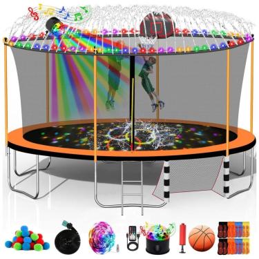 Imagem de Goujxcy 12FT 14FT 15FT 16FT Trampolim para crianças e adultos, 1500 LBS trampolins ao ar livre com cesta de basquete, luzes, sprinkler,