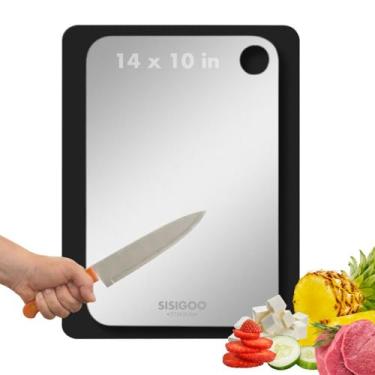 Imagem de Tábua de corte de titânio para cozinha 35,5 cm x 25,4 cm – placa de titânio 100% corte puro, não tóxica, dupla face – pode ser lavada na lava-louças, tábua de cortar metal com tapete de silicone