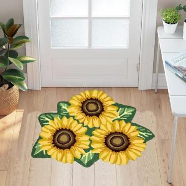 Imagem de USTIDE Tapete de girassol para cozinha, feito à mão, flor amarela, tapete rústico, moderno, lavável, antiderrapante, tapete de banheiro para quarto/hall de entrada, 3x2
