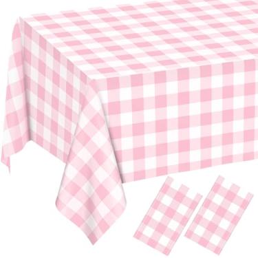 Imagem de 2 peças de toalha de mesa xadrez de plástico rosa descartável para festas, à prova d'água, retangular, rosa e branca, capa de mesa para acampamento, aniversário, festa, piquenique, 147 × 272 cm