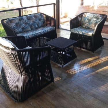 Imagem de Conjunto De Sofá Em Corda Náutica Bambu - 1 Sofá, 2 Poltronas,1 Mesa Centro Tecido Palmares Petróleo