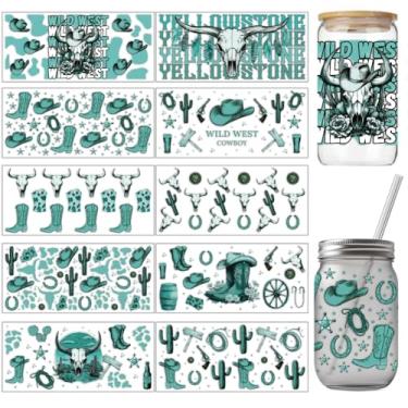 Imagem de arricraft 10 adesivos de transferência UV DTF com tema de caubói azul, 10 estilos de chapéu de caubói ferradura e cacto esfregar em adesivos de PVC à prova d'água para copos de vidro de 473 ml, 24 x