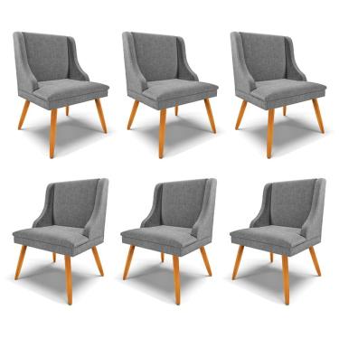 Imagem de Kit 6 Cadeiras Decorativas Sala De Jantar Pés Palito De Madeira Firenze Linho Grafite/natural G19