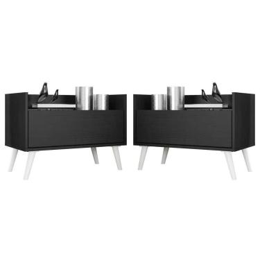 Imagem de Kit Com 2 Mesas De Cabeceira 80Cm Retrô Multimóveis V4002 Preta/Branca Preto/Branco