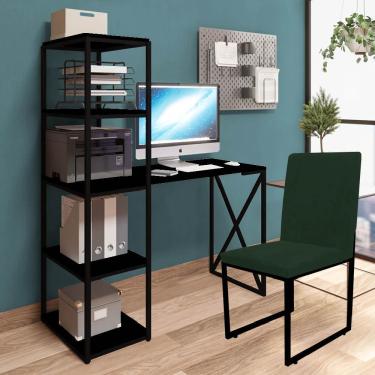 Imagem de Kit Mesa 5 Prateleiras E Cadeira Stan Preto Tampo Preto Suede Verde Musgo