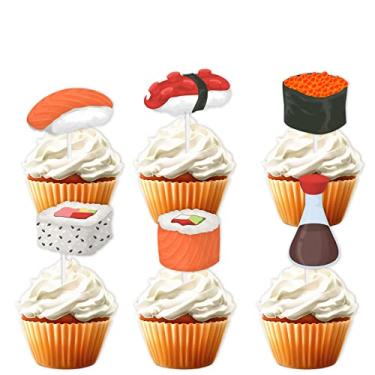 Imagem de 18 peças de enfeite de cupcake de sushi com glitter vermelho tema de festa japonesa suprimentos de decoração de chá de bebê homens mulheres decorações de feliz aniversário