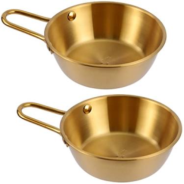 Imagem de Dadamong Pacote Com 2 Tigelas Makgeolli, Tradicionais Coreanas De Aço Inoxidável 304, Tigela Vinho Arroz Alça, Prato Sopa Para Caminhadas, Copo Acampamento, 4,7", 10 Onças (Dourado)