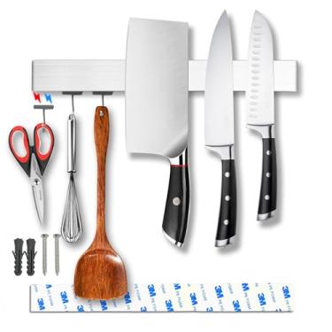 Imagem de YIIYIIN Suporte Magnético Para Facas De 12" Montagem Em Parede Com Ganchos - Fita Adesiva Sem Perfuração 304 Aço Inoxidável Suporte/Suporte/Rack/Bar Utensílios Cozinha
