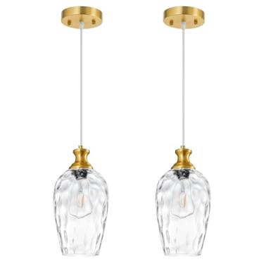 Imagem de LBSQJ Luminárias Pendentes De Vidro Para Ilha Cozinha, Pacote Com 2 Unidades, 5,9" Luz Martelada Transparente Dourada, Iluminação Sobre A Pia, Luminária Moderna Pendurar No Quarto E Na Sala Jantar