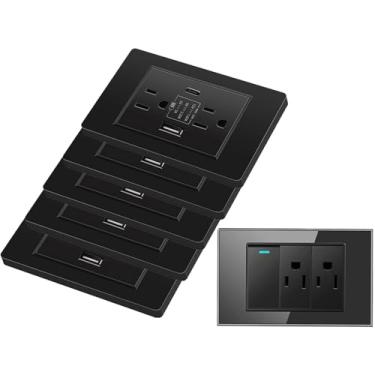 Imagem de Cairsayo Tomada De Parede Padrão Preta 15 A, Portas Carregamento Usb, Com Decorativa Resistente A Violações Tipo E C, Carregador Placa Aterramento Elétrico 3 (Pacote 6, Preta)