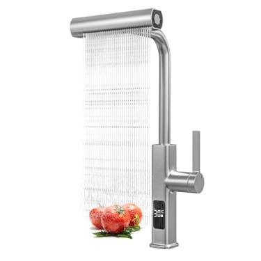 Imagem de Torneira de cozinha cascata com exibição de temperatura em Celsius (sem baterias), torneira de cozinha generalizada de aço inoxidável de níquel escovado, pulverizador de 4 funções e bico giratório 360