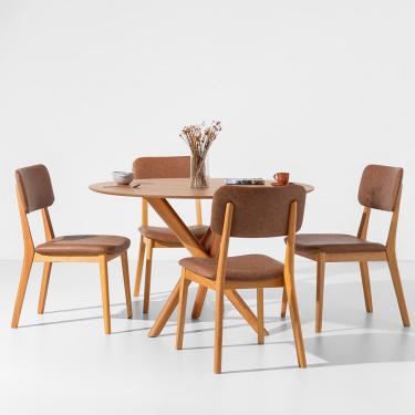 Imagem de Conjunto Mesa de Jantar Thai Redonda Carvalho Americano - 1,20m + 4 Cadeiras Lalá Estofada PU - Cognac