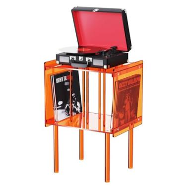 Imagem de solaround Suporte para toca-discos de acrílico, com armazenamento de vinil, mesa lateral de acrílico transparente, rosa (laranja)