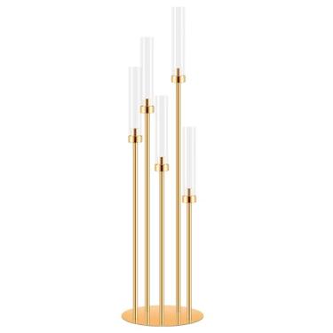 Imagem de Centros de mesa de candelabro para mesas, castiçais de 106 cm de altura com 5 braços com abajur, centros de mesa de casamento, castiçais dourados para casamento, presente de inauguração de casa