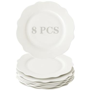 Imagem de TAMAYKIM Pratos de jantar de salada de porcelana com borda de 26 cm de largura, 8 peças, prato de massa/macarrão em forma de folha de lótus, conjuntos de louça de servir com borda ondulada, resistente