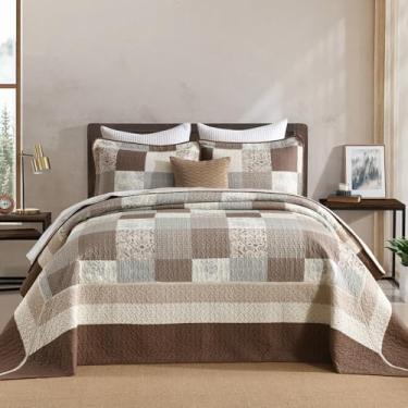 Imagem de SahSahCasa 100% algodão, 304,8 x 259,1 cm, conjunto de colcha, colcha de cama queen grande, xadrez, floral, extragrande, reversível, GG, edredom leve, marrom/bege/cinza