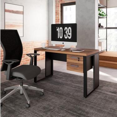 Imagem de Mesa para Escritório Diretor Retangular com Gaveteiro Suspenso com Chave Nogal Sevilha/Preto