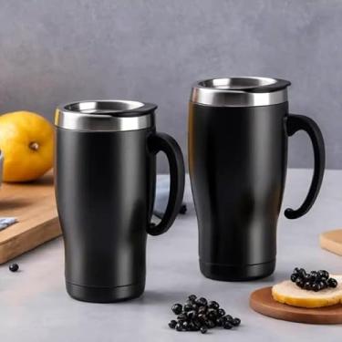 Imagem de Caneca Térmica Parede Dupla em Aço Inox Preta 400ml com Tampa Flip - Estilo Casual