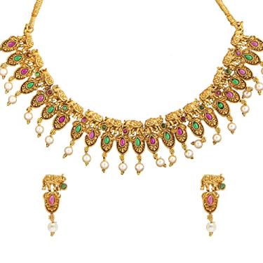 Imagem de Bodha Conjunto de colar gargantilha tradicional indiano banhado a ouro para mulheres, Latão, Zircônia cúbica