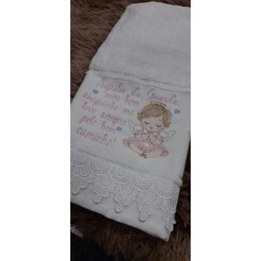 Imagem de Toalha de Batizado Algodão, 30x45cm, algodão,Branca com Anjo Rosa e Renda