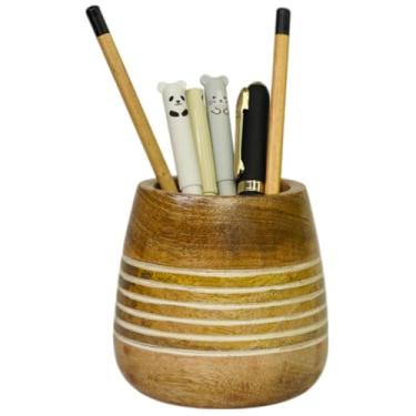 Imagem de Mie Creations Porta-lápis de madeira para mesa de mesa | Organizador de mesa de escritório de madeira de fazenda, suporte de pincel, suporte de pincel de maquiagem | Presentes feitos à mão para o dia