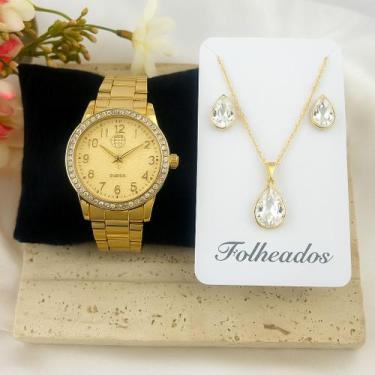 Imagem de Relogio feminino a prova dágua DHP kit de colar e brinco folheado - No