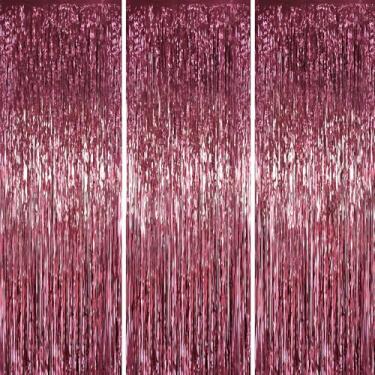 Imagem de Voircoloria Pacote com 3 cortinas de fundo com franjas bordô de 1 x 2 m, decoração de festa com serpentinas de tinsel, pano de fundo de franjas para aniversário, chá de bebê, revelação de gênero