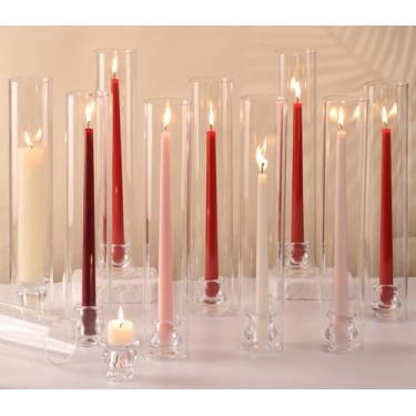 Imagem de Volens Castiçais de vidro Hurricane – Conjunto de 12 castiçais para velas cônicas com tampas de cilindro à prova de vento, capa de chaminé de vidro transparente de 35,5 cm de altura para mesa de