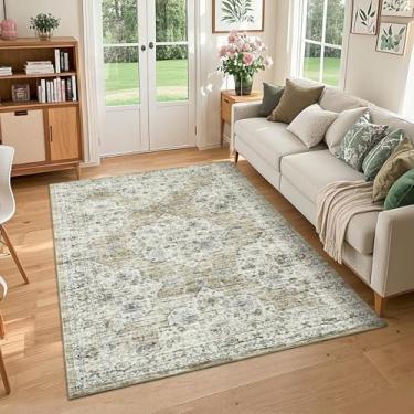 Imagem de COZYLOOM Tapete Tan Vintage lavável para sala de estar, 20 x 25 cm, tapete antiderrapante com estampa floral, tapete grande, resistente a manchas, revestimento de piso dobrável para quarto de berçário