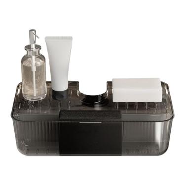 Imagem de Pia de dreno rack rack plástico plástico multifuncional punção sem sucção copo de copo de torneira Organizador para pia da cozinha com grande capacidade de drenagem (Prata transparente) (Prata cinza