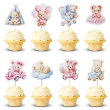 Imagem de Arthsdite 24 peças de chá de bebê urso cupcake toppers balão nuvem bebê urso chá de bebê carro cadeira de balanço tenda escolhas cupcake decorações suprimentos de festa de aniversário para meninos