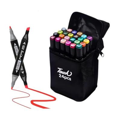 Imagem de Canetinha Marcador Ponta Dupla Cores Vivas Uso Escolar Profissional e Artístico Kit 24 Unidades Estojo Organizador