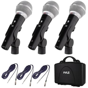 Imagem de Pyle Kit de microfone dinâmico profissional de 3 peças, microfone portátil com vocal unidirecional cardióide com estojo e bolsa rígida, suporte/clipe e cabo de áudio XLR de 8 metros para conexão de áudio de 1/4 polegadas (PDMICKT34)