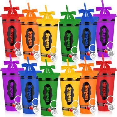 Imagem de LemonRoad 24 peças de presentes de volta às aulas em massa incluem 12 peças de copos temáticos de giz de cera de 680 g com tampa, fita de laço de palha, 12 chaveiros, presentes da semana de apreciação