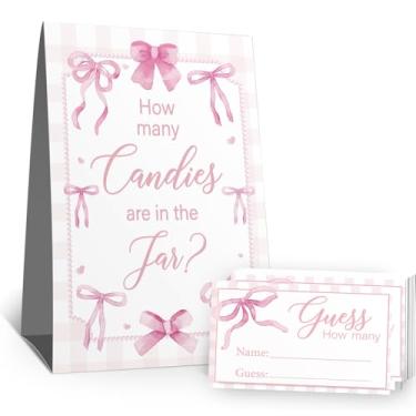 Imagem de Placa Guess How Many Candies (1 placa de pé - 50 cartões de adivinhação) Kit de cartões de atividades com tema de arco rosa para chás de bebê, festas de recém-nascidos, chá de panela, noivado, chá de
