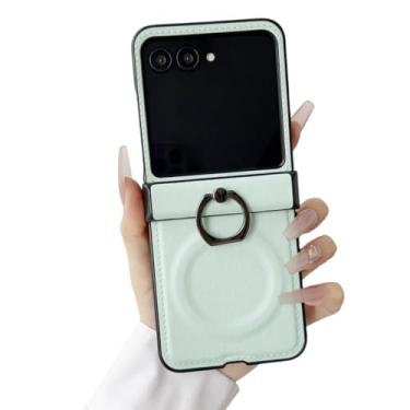 Imagem de Suporte magnético clássico de anel de couro e metal para capa Samsung Z Flip 6 5 4 3 5g com fivela de dedo e capa à prova de choque (para Galaxy Z Flip5/verde)
