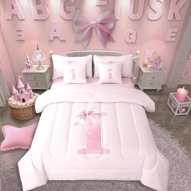 Imagem de Erosebridal Conjunto de cama solteiro, 7 peças, com laço monogramado, monograma, para meninas e adolescentes, Coquette na moda, cama com laço rosa preppy em uma bolsa, decoração de quarto de quarto