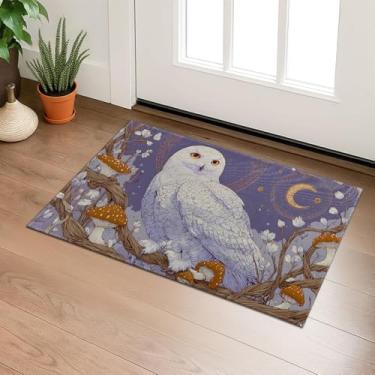 Imagem de SIMFEP Tapete de porta interior com corujas nevadas, cogumelos, pássaro da floresta mágico, bem-vindo, tapete não tecido, tapete antiderrapante para porta da frente, varanda, banheiro, cozinha
