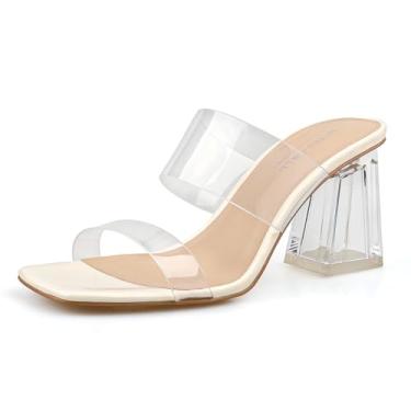 Imagem de BCTEX COLL Sandálias femininas de salto transparente com duas alças quadradas sem cadarço, salto grosso, bege, preto, nude, ouro rosa, Bege, 36